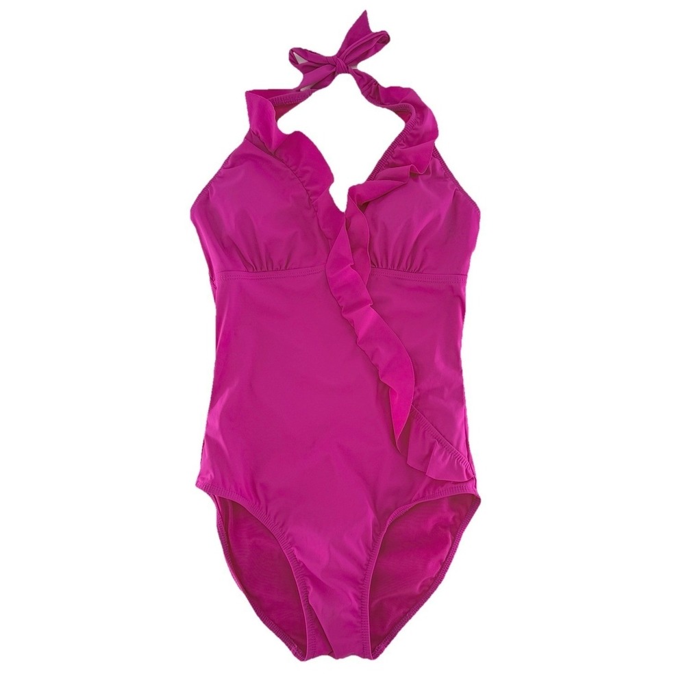 Spanx Assets By Sara Blakely Swimsuit Bright Pink One Piece Ruffled Halter Sz Sm